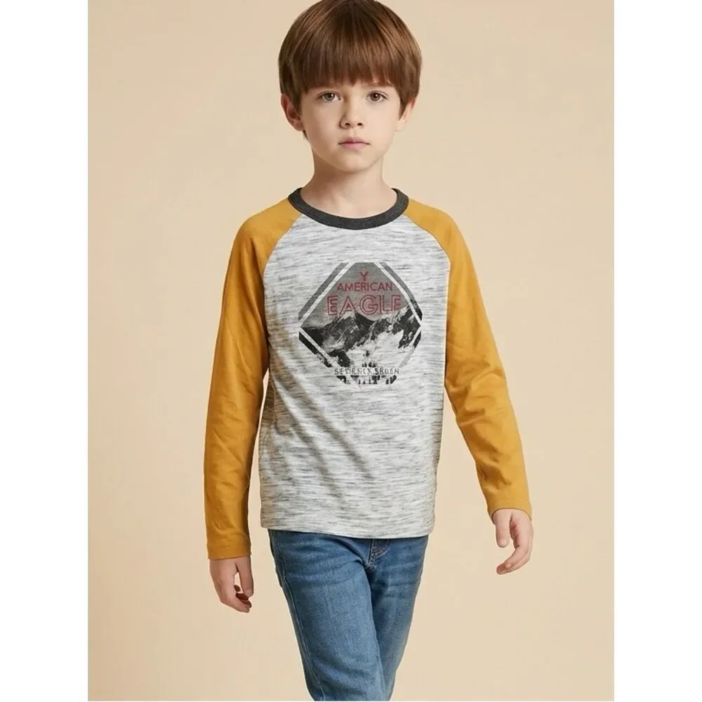NWT American Eagle Youth Boys Baseball Long Sleeve Gray Graphic Tee Shirt Size 8